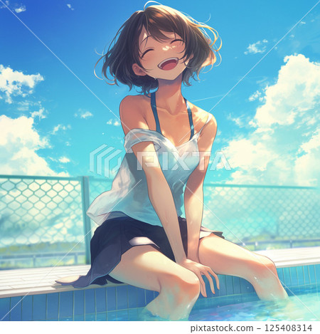 Girl sitting by the pool 125408314