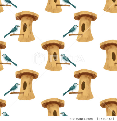 seamless pattern spring moments - Birdhouse and bird 125408381