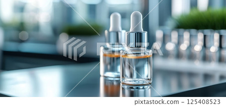 This image depicts a laboratory setting where personalized skincare serums are being developed using 3D printing technology based on a patient's specific requirements. 125408523