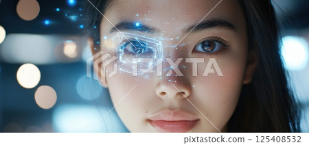 A sleek, futuristic interface projected as a glowing hologram from a user's advanced cyberpunk-inspired device, showcasing the power of modern technology and innovation. 125408532