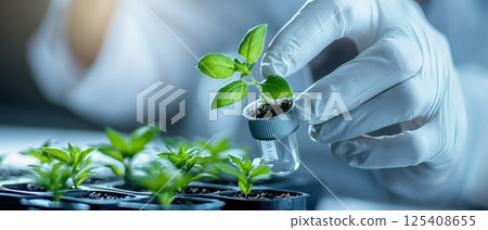 Scientists in a biotechnology lab conducting research and experiments to develop novel therapies and solutions for various skin diseases and conditions. 125408655