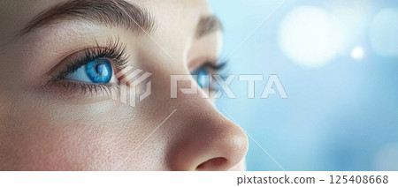 A close-up view of a patient undergoing a medical procedure involving a blue light therapy device applied to their face or body for a therapeutic purpose. 125408668