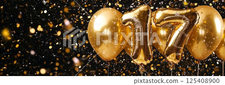 Vibrant gold foil 17 balloon paired with elegant gold balloons and colorful flying confetti, capturing the excitement and energy of a 17-year celebration, ideal for event banners marketing, banner Vibrant gold foil 17 balloon paired with elegant gold balloons and colorful flying confetti, capturing the excitement and energy of a 17-year celebration, ideal for event banners marketing, banner 125408900