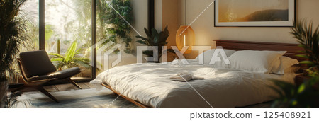 A stylish and tranquil modern bedroom with a soft duvet, calming decorative elements, and a cozy reading nook, designed for ultimate comfort and relaxation, banner 125408921