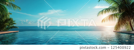 A luxurious infinity pool at the edge of the ocean offers a clear view of the turquoise horizon, with palm trees swaying and warm sunlight casting a serene, tropical ambiance, banner 125408922
