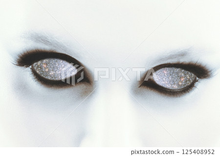 Woman face silhouette with outer space in her eyes Woman face silhouette with outer space in her eyes 125408952