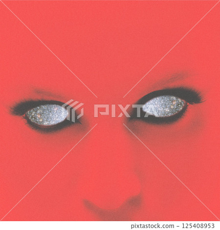 Red woman face silhouette with outer space in her eyes 125408953