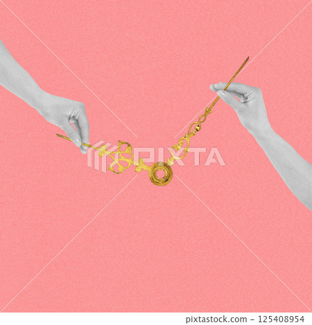Woman hands adjusting golden clock arrow hands Woman hands adjusting golden clock arrow hands 125408954