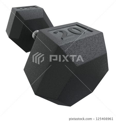 Hex Dumbbell with number 20, weightlifting gym equipment side view. Png clipart isolated on transparent background 125408961