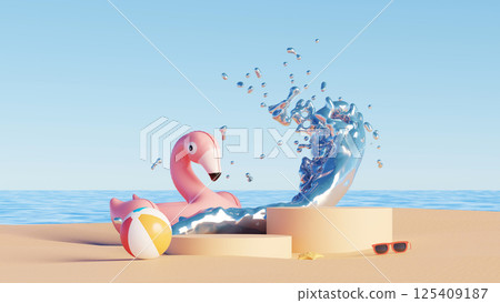3D render, Empty podium on summer beach background decorated with inflatable flamingo, water splash, and beach ball 3D render, Empty podium on summer beach background decorated with inflatable flamingo, water splash, and beach ball 125409187