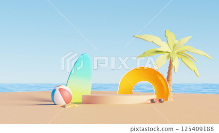 3D render, tropical summer beach with podium, palm tree, surfboard, and beach ball 125409188