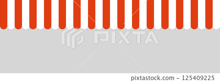 Red and white striped shop awning. Market canopy tent. Sun shade roof. Cafe awning. Shop striped canopy. Seamless pattern. Kiosk window border. Vector illustration isolated on gray background 125409225