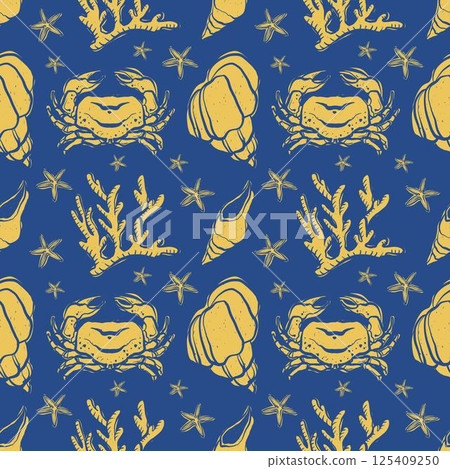 Vector seamless pattern with sea element, crabs, seashells and corals. Yellow and blue. Marine background for wallpaper, fabric, packaging, web pages, surface textures. Marine life. Vector Vector seamless pattern with sea element, crabs, seashells and corals. Yellow and blue. Marine background for wallpaper, fabric, packaging, web pages, surface textures. Marine life. Vector 125409250