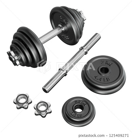 Black Adjustable Dumbbell and one taken apart. Rod handle, weight plates, locks Black Adjustable Dumbbell and one taken apart. Rod handle, weight plates, locks 125409271