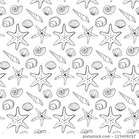 Sea shells and starfish seamless pattern. Vector graphic line ink design for package, vacation design, fabric and textile. background for banners, print for fabric, labels, t-shirt printing. Sea shells and starfish seamless pattern. Vector graphic line ink design for package, vacation design, fabric and textile. background for banners, print for fabric, labels, t-shirt printing. 125409297
