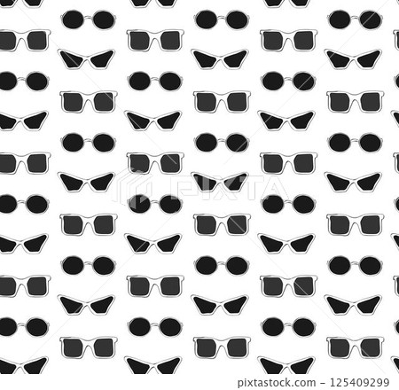 black white sunglasses seamless pattern. Vector graphic line ink illustration. For vacation poster, beach party invitation, backdrop, ad, sale promotion, print for t-shirt black white sunglasses seamless pattern. Vector graphic line ink illustration. For vacation poster, beach party invitation, backdrop, ad, sale promotion, print for t-shirt 125409299