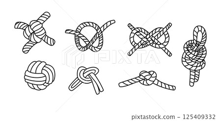Set illustrations of nautical rope knots. Nautical, travel and decorative loops. 125409332