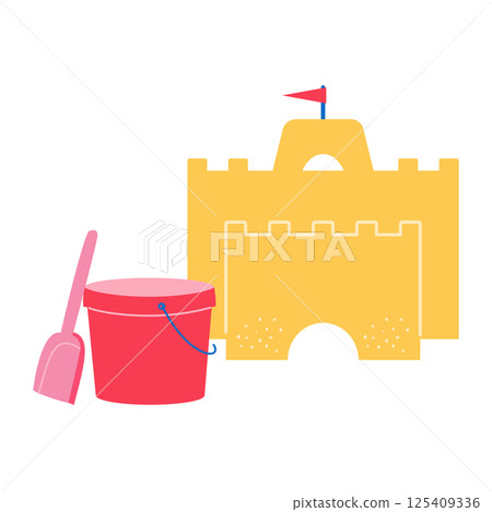 Cartoon beach sandcastle and red plastic bucket. Children s summer toys, isolated vector illustration. 125409336