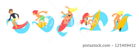 Man and Woman Surfer Character Ride Ocean Wave on Surfboard Vector Set Man and Woman Surfer Character Ride Ocean Wave on Surfboard Vector Set 125409432