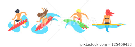 Man and Woman Surfer Character Ride Ocean Wave on Surfboard Vector Set 125409433