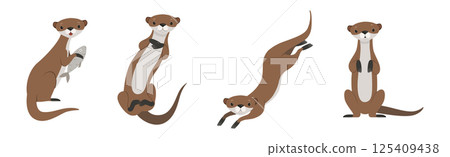 Sea Otter as Marine Mammal and Aquatic Creature with Brown Coat Vector Set 125409438
