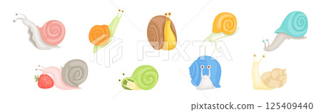 Snail Funny Character with Spiral Shell Vector Set Snail Funny Character with Spiral Shell Vector Set 125409440