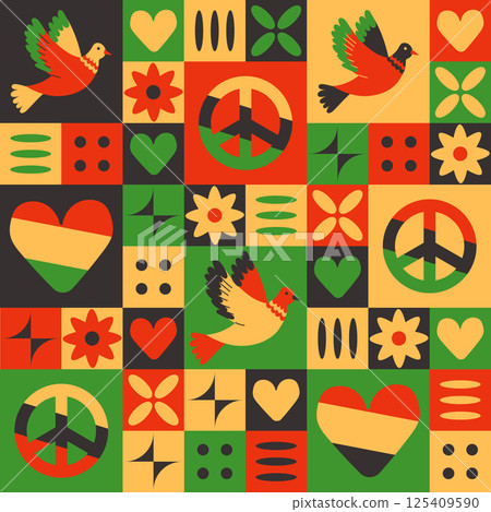 Pattern with doves, peace signs in African colors 125409590