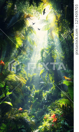 Dense, vibrant greenery and towering trees characterize this lush African rainforest, capturing nature beauty and biodiversity, banner 125409703