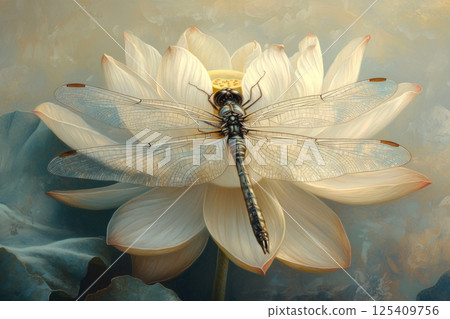 Delicate dragonfly flying above a blooming water lily. Soft brushstrokes highlight the elegance and peaceful serenity of nature harmony Delicate dragonfly flying above a blooming water lily. Soft brushstrokes highlight the elegance and peaceful serenity of nature harmony 125409756