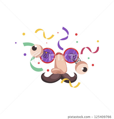Funny mask for Fools day in flat design. Glasses with nose, mustache, eyes. Vector illustration isolated. 125409766