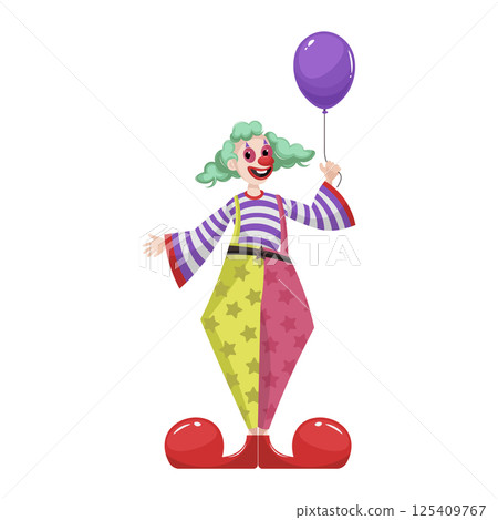Fools day holiday clown in flat design. Circus comedian holding balloon. Vector illustration isolated. Fools day holiday clown in flat design. Circus comedian holding balloon. Vector illustration isolated. 125409767