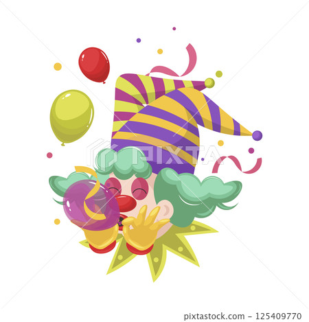 Fools day holiday clown in flat design. Circus comedian head blowing balloons. Vector illustration isolated. Fools day holiday clown in flat design. Circus comedian head blowing balloons. Vector illustration isolated. 125409770