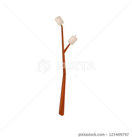 Marshmallows on stick in flat design. White soft dessert for campfire. Vector illustration isolated. 125409797
