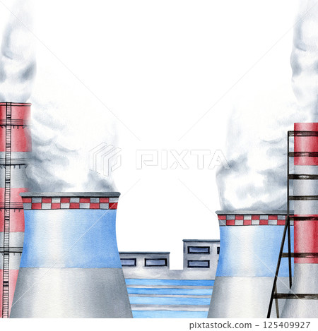 Heavy industry factory, Smoke stack with steam watercolor isolated on white. For social issues poster about air pollution with plant pipes. For International Day of Clean Air, climate change designs 125409927