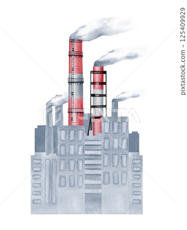 Smoke stacks against the backdrop of grey multi-storey buildings, toxic steam polluting the city. Watercolor illustration isolated on white. Pollution air concept, international Climate Day, poster Smoke stacks against the backdrop of grey multi-storey buildings, toxic steam polluting the city. Watercolor illustration isolated on white. Pollution air concept, international Climate Day, poster 125409929