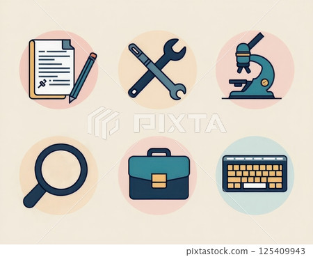 This illustration set features six icons representing various professional tools and concepts. The icons include a document with a pencil, crossed wrench and screwdriver, microscope. 125409943