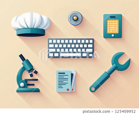 This illustration showcases a collection of diverse professional tools and equipment in a minimalist, flat design style. The items include a chef's hat, a computer keyboard, a smartphone. 125409952