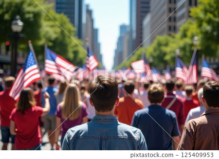 This photograph captures a patriotic scene of an American parade or rally in a bustling city. The image shows a large crowd of people marching down a tree-lined urban street. 125409953