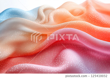 Elegant silk scarf with soft, flowing folds, highlighting its luxurious texture against a simple white background. Elegant silk scarf with soft, flowing folds, highlighting its luxurious texture against a simple white background. 125410032
