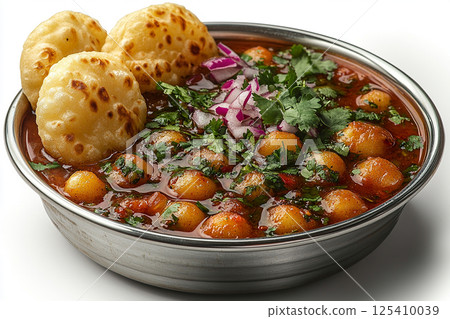 Indian Tiffin lunch box. Traditional Indian stainless steel plate with panipuri and tamarind broth nearby. 125410039