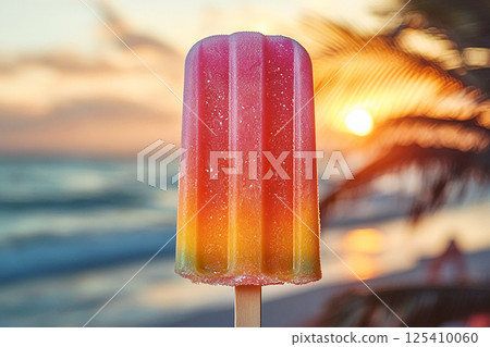 Popsicle with rainbow colors on a long stick on a summer background. Summer fun. Retro style. Popsicle with rainbow colors on a long stick on a summer background. Summer fun. Retro style. 125410060