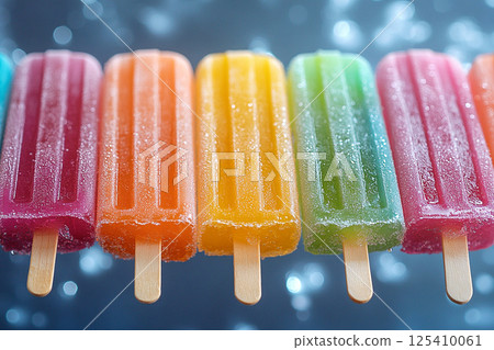 Popsicle with rainbow colors on a long stick on a summer background. Summer fun. Retro style. Popsicle with rainbow colors on a long stick on a summer background. Summer fun. Retro style. 125410061