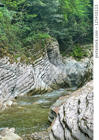 Beautiful forest and mountain river in Psakho canyon, Russia, Sochi Beautiful forest and mountain river in Psakho canyon, Russia, Sochi 125410113