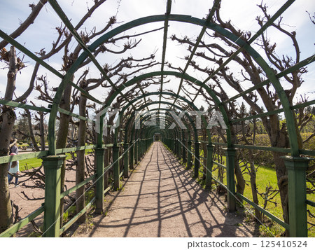 ST. PETERSBURG, RUSSIA, May 12, 2023: arch in the park Petergof or Peterhof, known as Petrodvorets from 1944 to 1997 ST. PETERSBURG, RUSSIA, May 12, 2023: arch in the park Petergof or Peterhof, known as Petrodvorets from 1944 to 1997 125410524