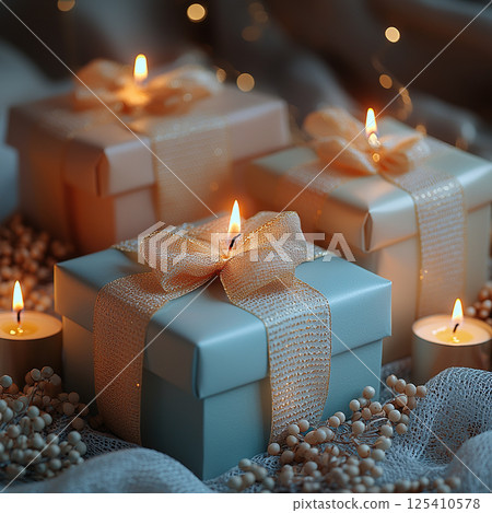 A close-up of beautifully wrapped gifts with ribbons and glowing candles, ideal for celebrations. 125410578