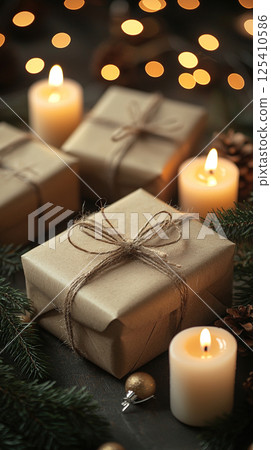Warm Christmas scene with lit candles, wrapped gifts, and festive holiday decorations. 125410586