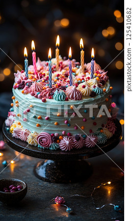 A beautifully decorated birthday cake with lit candles, perfect for a festive celebration. 125410682