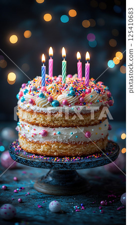 A vibrant birthday cake with lit candles, perfect for a joyous celebration and special day. 125410683