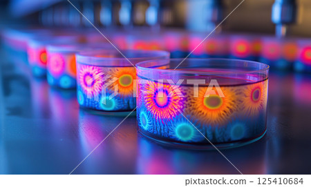 Vibrant neon flower designs glow within clear glasses, creating a colorful and artistic display. 125410684