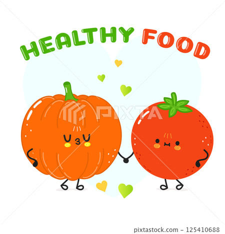 Cute cartoon characters of Pumpkin and Tomato holding hands to promote healthy food options. 125410688